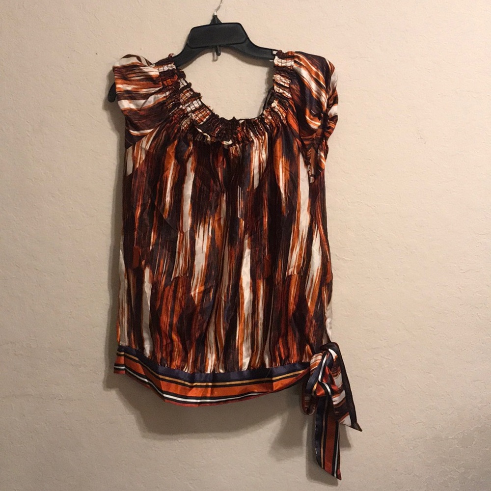 Orange, Black, White Short-Sleeved Blouse Top